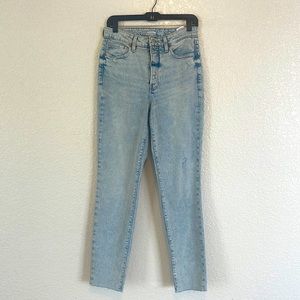OG straight high rise jeans bleach wash. Slightly distressed raw hem.